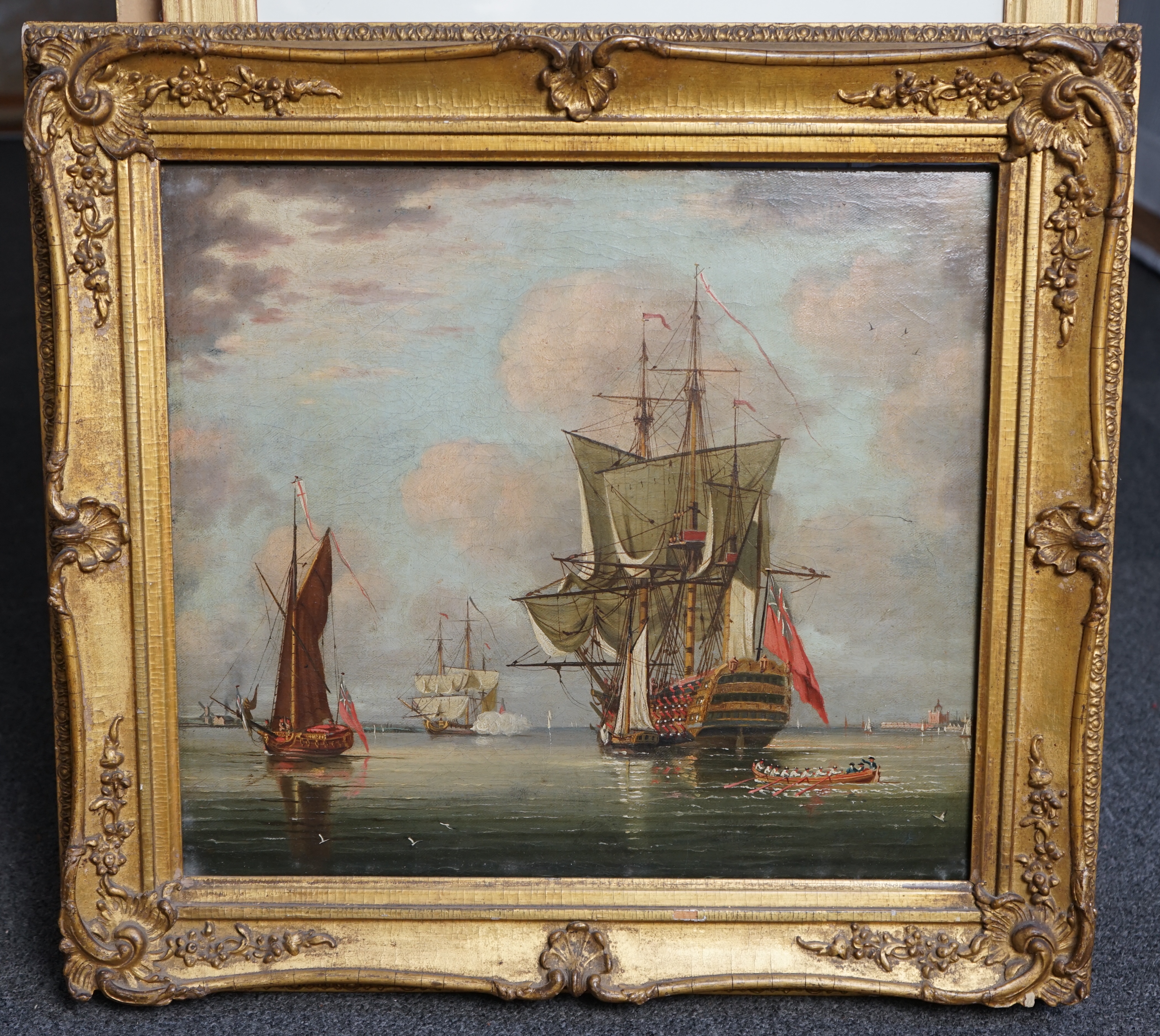 Early 19th century English School, HMS Britannia in Portsmouth harbour, oil on canvas, 41 x 46cm